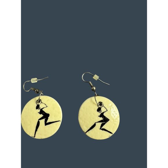 Handmade Cream Round Shell Earrings With Black Silhouette Art - Picture 9 of 9